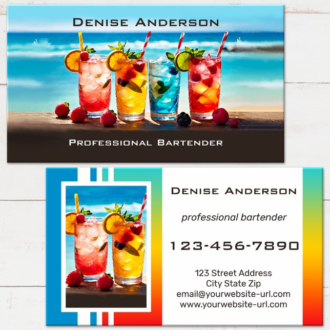 Colorful Summer Cocktail Beach Bartender Visitkort (Eye catching business card featuring colorful tropical cocktails on the beach - bartender - bar)