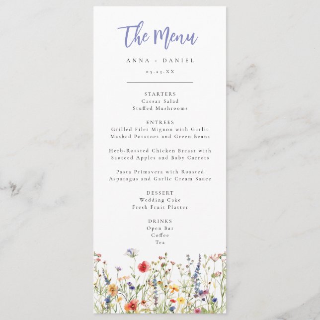 Colorful Summer Wildflower Wedding Menu Meny (Framsida)
