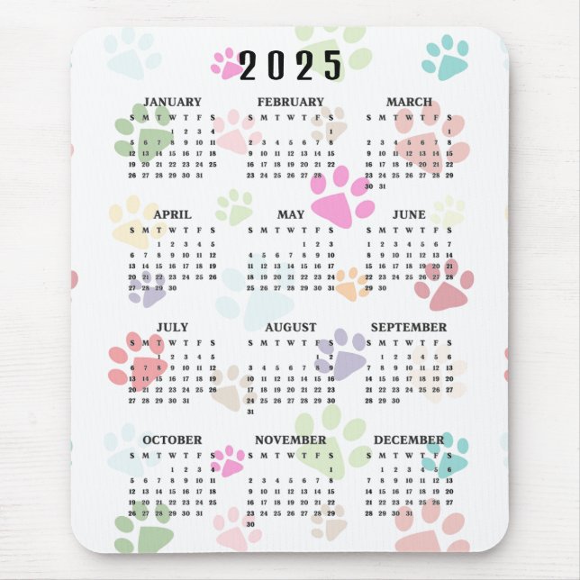 Colorful Tass avtryck 2025 Calendar Mousepad Musmatta (Framsidan)