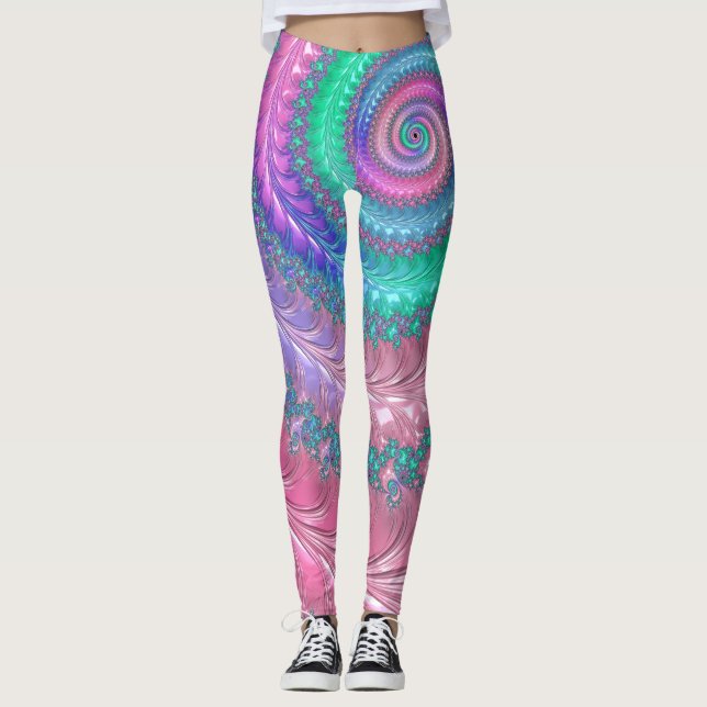 Colorful Trippy Funky Jewel Tone Spiral Fractal Leggings (Framsida)