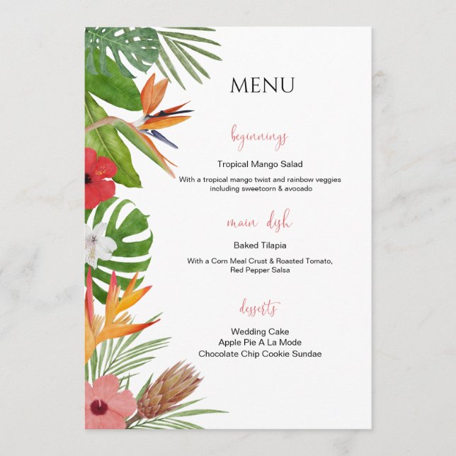 Colorful Tropical Floral  Wedding Menu Meny (Framsida)