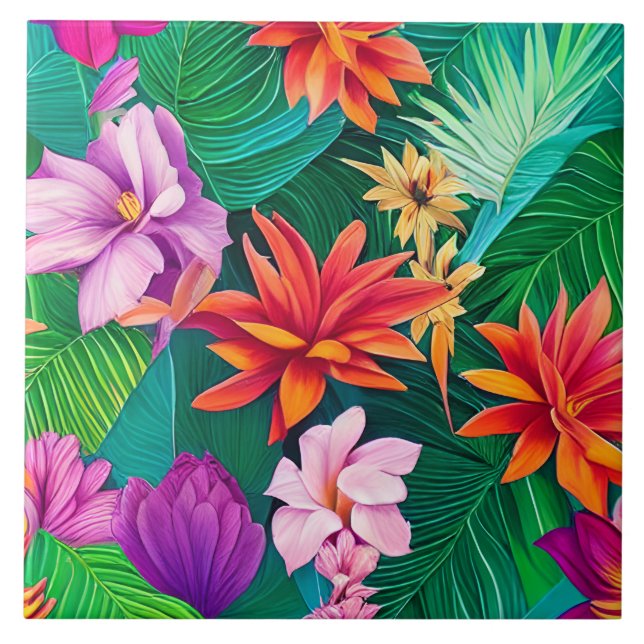 Colorful Tropical Flowers Mönster Kakelplatta (Framsidan)