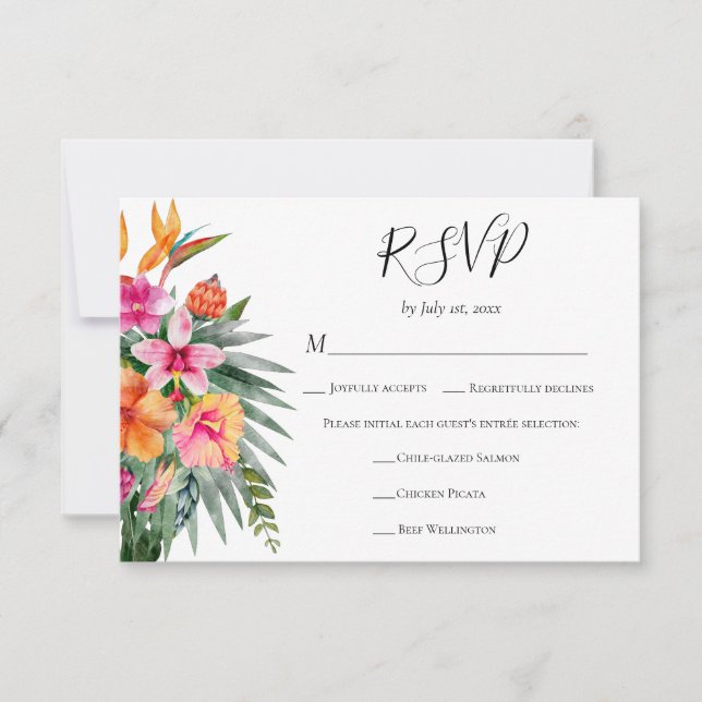 Colorful Tropical Flowers Wedding Meal Choice OSA Kort (Framsida)