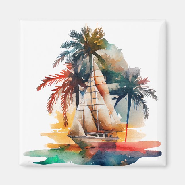 Colorful Tropical Handflatan och Sailboat Magnet (Framsidan)
