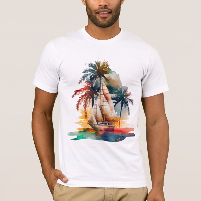Colorful Tropical Handflatan och Sailboat Man's t- T Shirt (Framsida)