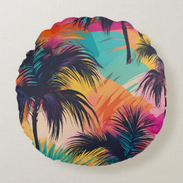Colorful Tropical Handflatan Träd Art Rund Kudde