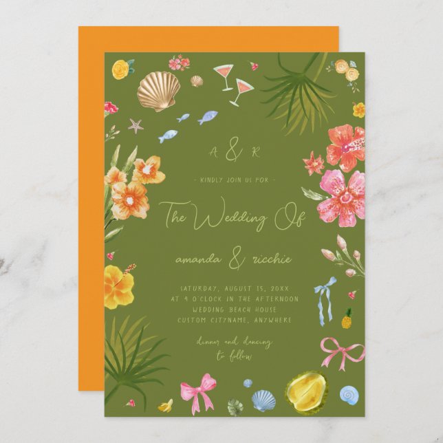 Colorful Tropical Island Whimsical Beach Wedding Inbjudningar (Fram/baksida)