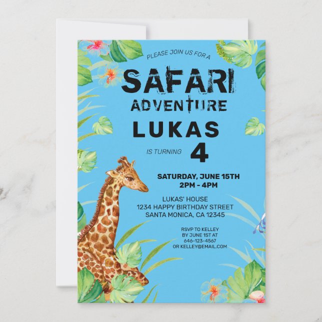 Colorful Tropical Jungle Safari Giraffe Birthday Inbjudningar (Framsida)