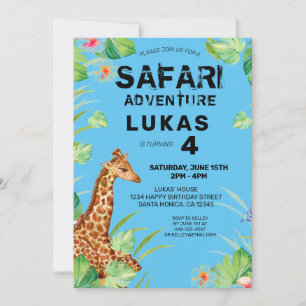 Colorful Tropical Jungle Safari Giraffe Birthday Inbjudningar