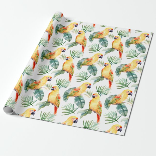 Colorful Tropical Parrot Mönster Presentpapper (Utrullad)