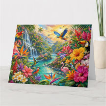Colorful Tropical Rainforest Exotic Birds & Flowe 
