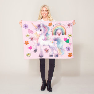 Colorful Unicorn Rainbow and Flowers Nursery Fleecefilt