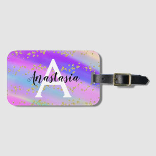 Colorful Unicorn Rainbow Guld Glitter Monogram Bagagebricka