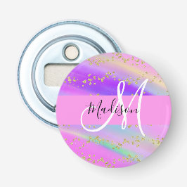Colorful Unicorn Rainbow Guld Glitter Monogram Flasköppnare