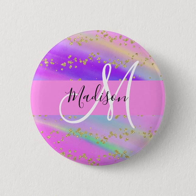 Colorful Unicorn Rainbow Guld Glitter Monogram Knapp (Framsida)