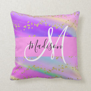 Colorful Unicorn Rainbow Guld Glitter Monogram Kudde