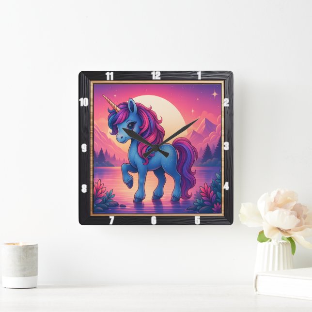Colorful Unicorn Sunset Fantasy Fyrkantig Klocka (Hem)