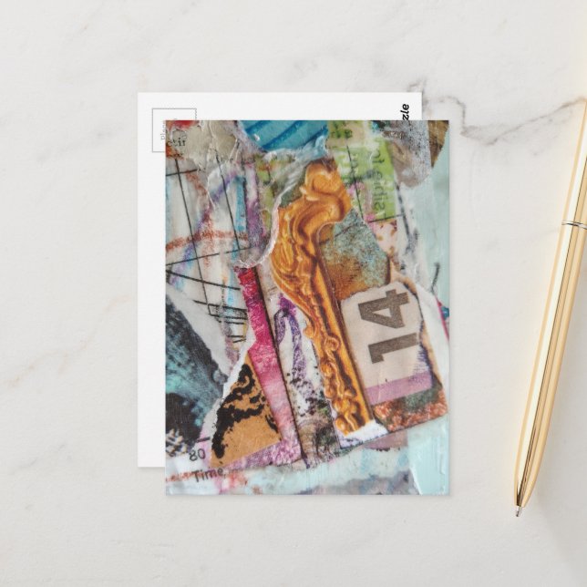 Colorful unique abstract mixed media collage 14 vykort (Fram/Back In Situ)