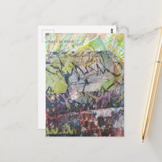 Colorful unique abstract mixed media collage vykort (Fram/Back In Situ)