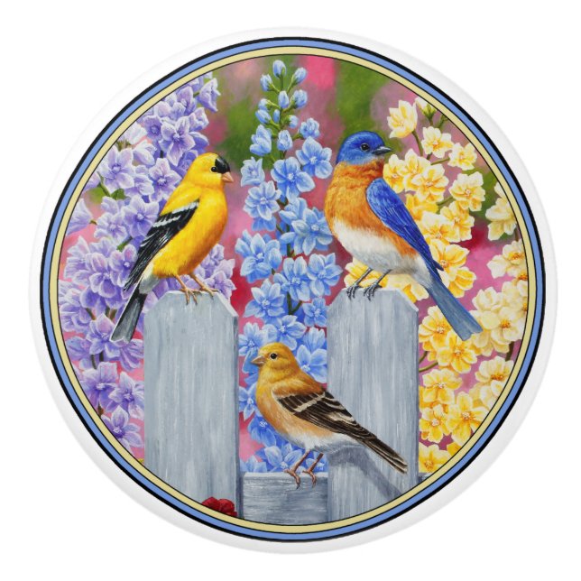 Colorful Vår Birds Garden Party Knopp (Framsidan)