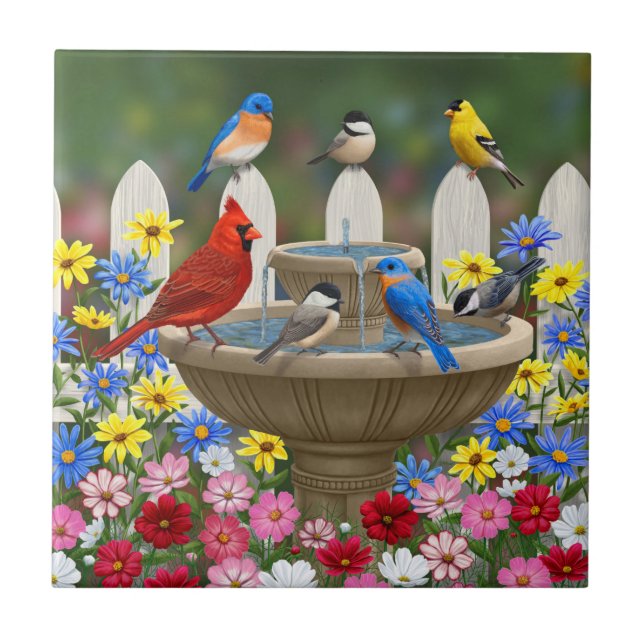 Colorful Vår Garden Bird Bath Kakelplatta (Framsidan)