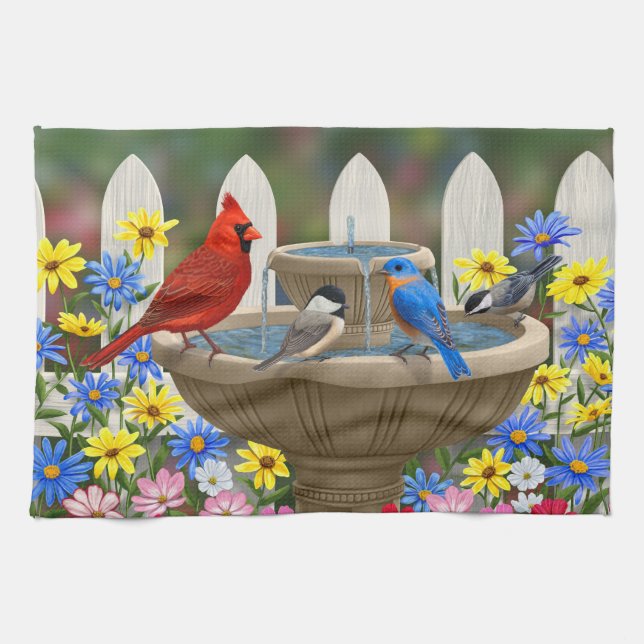 Colorful Vår Garden Bird Bath Kökshandduk (Horisontell)