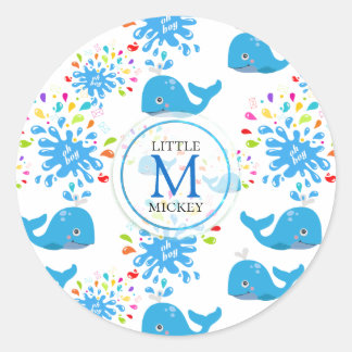 Colorful Vatten Stänk Blue Whale Monogram Mönster Runt Klistermärke