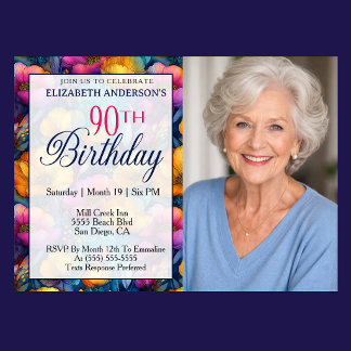 Colorful Vibrant Poppy Flower 90th Birthday Photo Inbjudningar