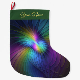 Colorful W. Blue Modern Abstrakt Fractal Art Namn Stor Julstrumpa