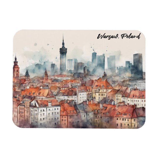Colorful Warszawa Poland Watercolor Skyline Magnet (Horisontell)