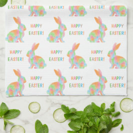 Colorful Watercolor Bunnies And Happy Easter Text Kökshandduk