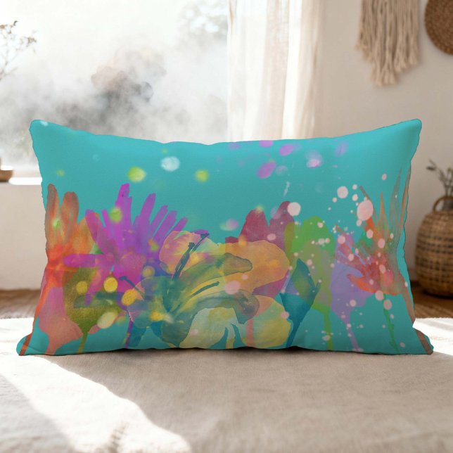 Colorful Watercolor Flowers on Turquoise Lumbarkudde (Skapare uppladdad)