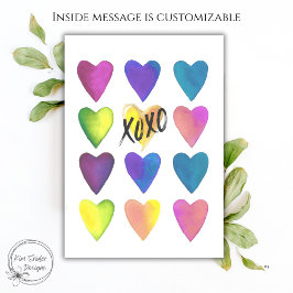 Colorful Watercolor Hearts XOXO Valentine’s Day  Kort