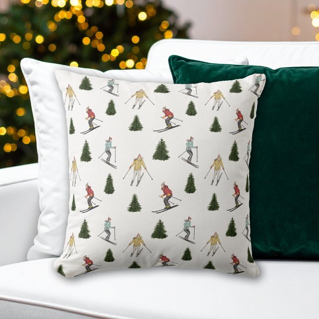 Colorful Watercolor Skiers Festive Holiday Pattern Kudde (Skapare uppladdad)