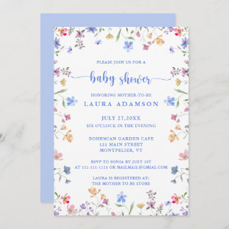 Colorful Watercolor Wildflowers Blue Baby Shower Inbjudningar