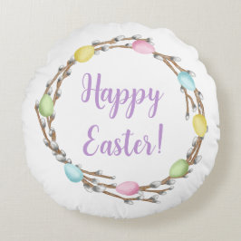 Colorful Watercolor Willow Wreath Happy Easter Rund Kudde
