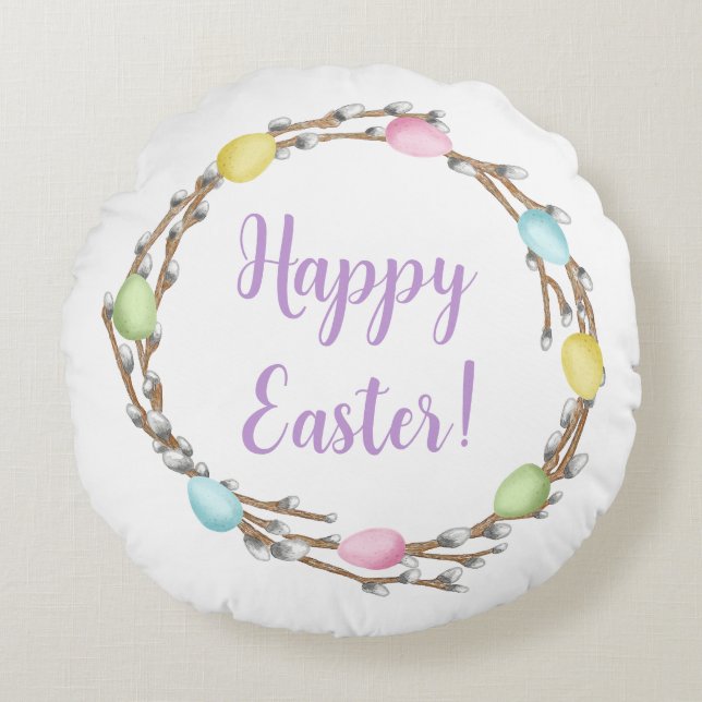 Colorful Watercolor Willow Wreath Happy Easter Rund Kudde (Framsidan)