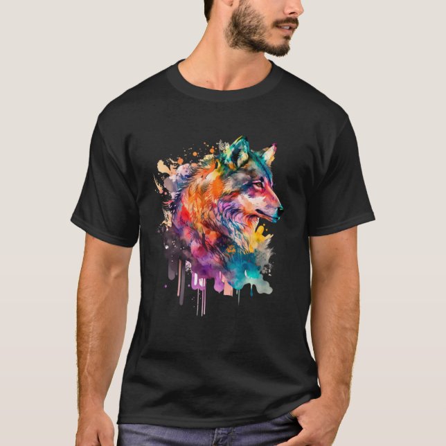 Colorful Watercolor Wolf Animal Graphic Wolf T Shirt (Framsida)