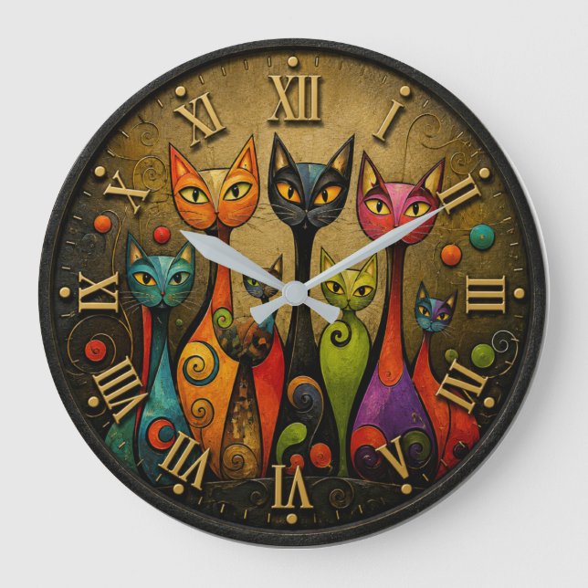 Colorful Whimsical Cats Stor Klocka (Framsida)