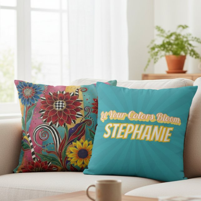 Colorful Whimsical Flowers Art Throw Pillow Kudde (Bright whimsical personalized pillow)