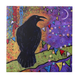 Colorful Whimsical Raven Laughing  Kakelplatta