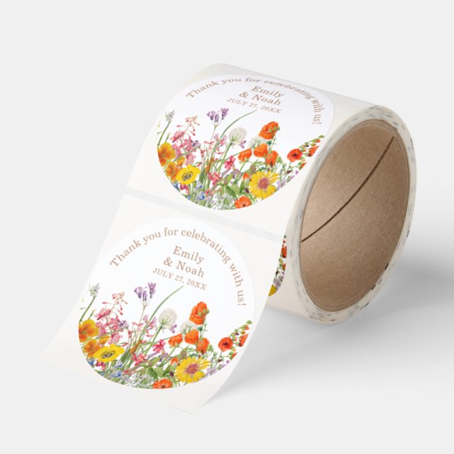 Colorful Wild Flowers Country Wedding Thank You Runt Klistermärke (Rulle)