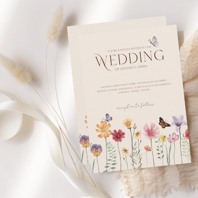 Colorful WildblomButterfly Bröllop Inbjudningar (Simple Colorful Wildflower Floral Wedding Invitation)