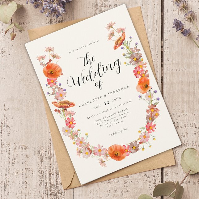 Colorful Wildblomma Bröllop Inbjudningar (Wildflower watercolor florals wedding invitation)