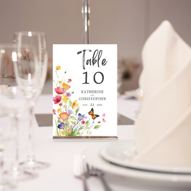 Colorful Wildblomma Elegant bröllop Bordsnummer (Colorful Wildflowers Elegant Wedding Table Number 3.5x5, with Couple's Names, Date.)