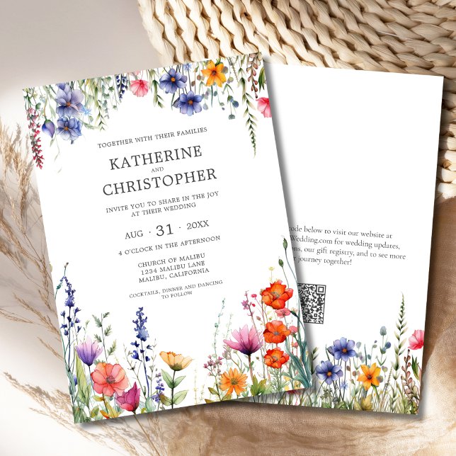 Colorful Wildblomma Elegant bröllop Inbjudningar (Colorful Wildflowers Elegant Wedding Invitation with Orange, Pink, Blue, Red Watercolor Flowers, QR)
