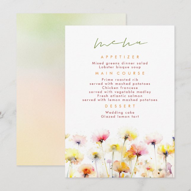 Colorful Wildblomma Elegant bröllop Menu Meny (Fram/baksida)