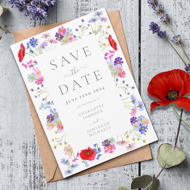 Colorful Wildblomma Elegant bröllop Spara Datumet (Colorful wildflower boho chic save the date wedding invitation )
