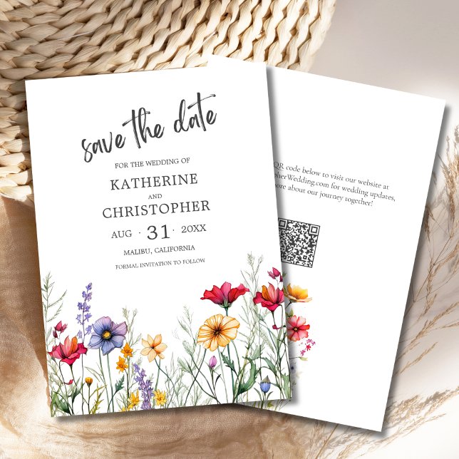 Colorful Wildblomma Elegant bröllop Spara Datumet (Colorful Wildflowers Elegant Watercolor Save the Date with QR Code, Pink Purple Yellow Flowers.)