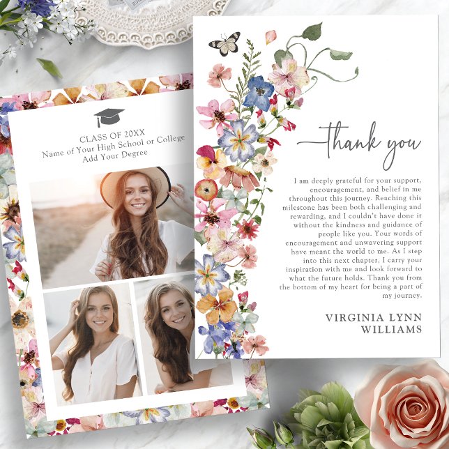 Colorful Wildblomma Studenten Tack Kort (Colorful Wildflower Graduation Photo Thank You Card with Butterfly by Painted Paperie
)